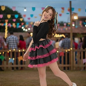 Conjunto Festa Junina CROPPED + SAIA BABADO renda ROSA