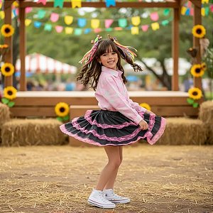 Saia Babado JEANS com ROSA Vermelha - Festa Junina - TEEN