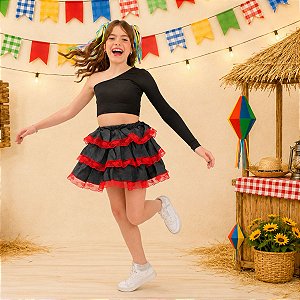 Saia Babado JEANS com Renda VERMELHA - Festa Junina - TEEN