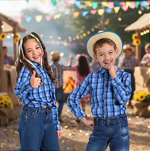 Camisa Festa Junina Xadrez AZUL Quadrilha - COUNTRY