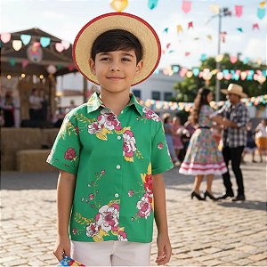 CAMISA Carimbó Infantil Menino Floral VERDE HAVAIANA