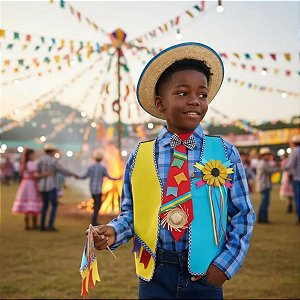 Colete Festa Junina Amarelo e Azul +BRINDE GRAVATA VERMELHA