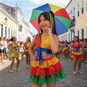 Roupa Frevo Luxo COMPLETO Infantil Menina - 3 itens