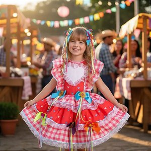 Vestido Festa Junina Infantil CUPCAKE Rosa e Vermelho LUXO