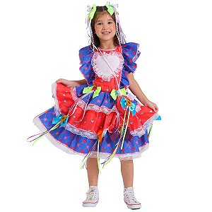 Vestido Festa Junina Infantil POPCAKE Azul e Vermelho LUXO