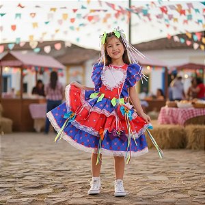 Vestido Festa Junina Infantil POPCAKE Azul e Vermelho LUXO