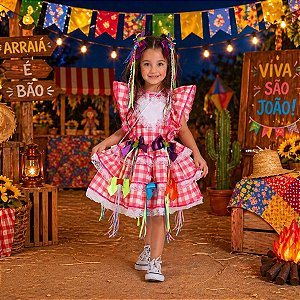 Vestido Festa Junina Infantil BICHO DE PÉ Rosa LUXO