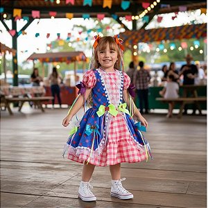 Vestido Festa Junina Infantil ARROZ DOCE Rosa e Azul LUXO