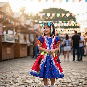 Vestido Festa Junina Infantil PÉ DE MOÇA Azul Vermelho LUXO