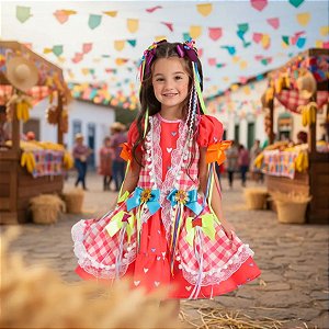 Vestido Festa Junina Infantil QUINDIM Rosa e Vermelho LUXO