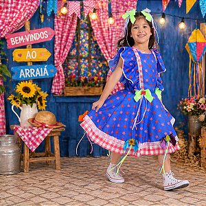 Vestido Festa Junina Infantil CHURROS Rosa e Azul LUXO