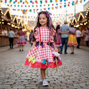 Vestido Festa Junina Infantil COCADA Rosa e Vermelho LUXO