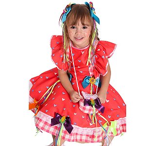 Vestido Festa Junina Infantil MAÇÃ DO AMOR Rosa e Vermelho LUXO