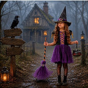 Fantasia Bruxa Infantil Halloween LUXO | brinde VASSOURA