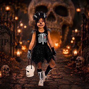 Fantasia Infantil Esqueleto PRETO ESTRELADO | brinde BALDE