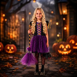 Vassoura de Bruxa com Tule Roxo e aplique em EVA com glitter