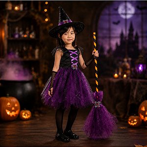 Vassoura de Bruxa com Tule Roxo e aplique em EVA com glitter