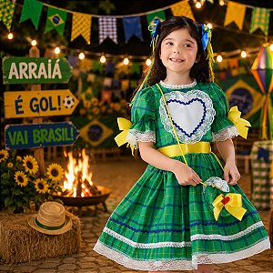 Vestido Festa Junina Infantil COPA Verde e Amarelo LUXO