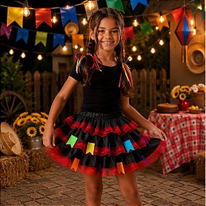 Saia Junina Customizada com Bandeirinhas e Renda VERMELHA