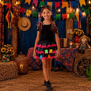 Saia Junina Customizada com Bandeirinhas e Renda ROSA