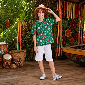 CAMISA Fantasia Carimbó Infantil Menino Floral VERDE !NEW 2026!