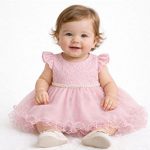 Vestido Para Bebê Rosa Tulle e Renda