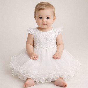 Vestido de Batizado Bebê Branco Renda e Tulle Recem Nascido
