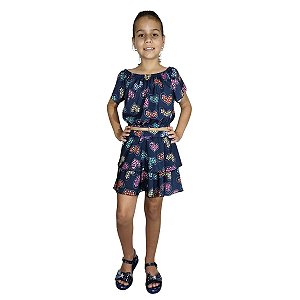 Roupa Infantil Menina Cropped E Saia Estampa Coração Azul