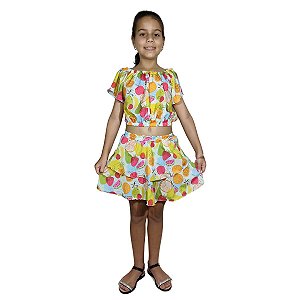Blusinha Cropped E Saia Infantil Menina Estampa Frutas Tropical
