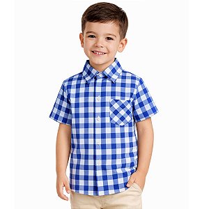 Camisa Xadrez Infantil Masculina Azul Festa Junina Manga Curta com Botões
