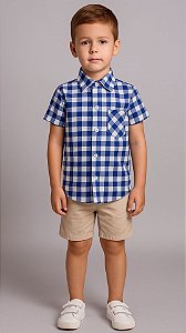 Camisa Xadrez Infantil Masculina Azul Festa Junina Manga Curta com Botões