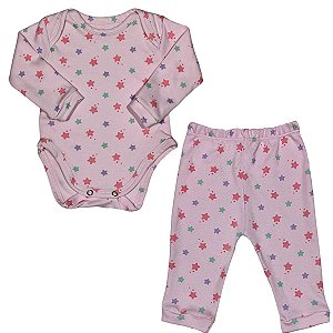 Conjunto de Roupas Para Bebê Body + Mijão Malha 100% Algodão Estrela Rosa