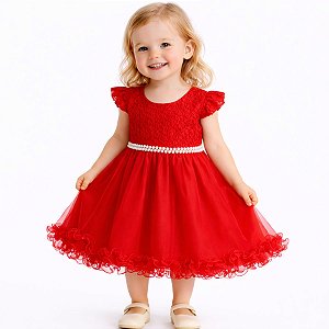 Vestido Infantil de Festa Com Renda e Tulle Vermelho Para o Natal Tam 1 ao 4