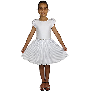 Vestido Infantil Branco Saia Plissada Com Cinto de Pérolas