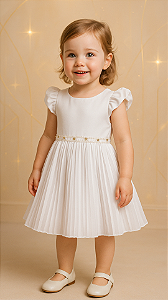 Vestido Infantil Branco Saia Plissada Com Cinto de Pérolas Tam 1 ao 4 Anos