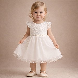 Vestido Infantil Batizado Com Renda e Tulle Branco Tam 1 ao 4