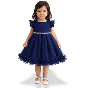 Vestido Infantil Azul Marinho Festa Menina Tule Renda Pérolas Fru-Fru 1 a 4 Anos