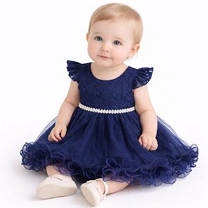 Vestido Para Bebê Azul Marinho Com Tulle e Renda Mesversario