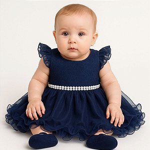 Vestido Para Bebê Azul Marinho Com Tulle e Renda Mesversario