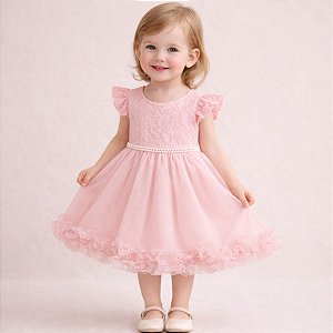 Vestido Infantil de Festa Com Renda e Tulle Rosa Tam 1 ao 4