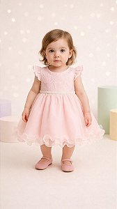 Vestido Infantil de Festa Com Renda e Tulle Rosa Tam 1 ao 4
