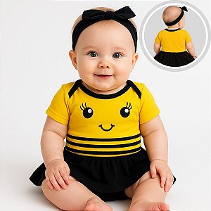 Body Fantasia Mesversario Para Bebê Abelhinha Preto e Amarelo