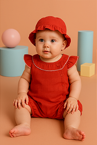 Macacão Bebê Banho de Sol em 100% Algodão Pimpão Com Chapéu Vermelho