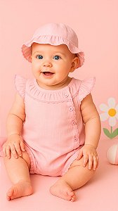 Macacão Bebê Banho de Sol em 100% Algodão Pimpão Com Chapéu Rose Nude