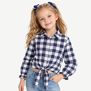 Camisa Xadrez Menina Cowgirl Blusa Infantil Look Festa Junina Rodeio Azul