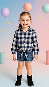 Camisa Xadrez Menina Cowgirl Blusa Infantil Look Festa Junina Rodeio Azul