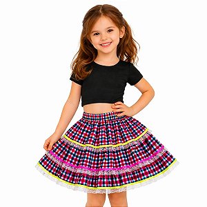 Saia Infantil Curta Estampa Xadrez Junino Pink