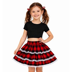 Saia Infantil Curta Estampa Xadrez Junino Vermelho Com Preto