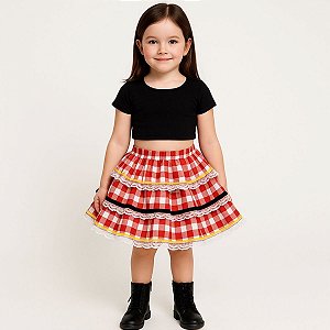 Saia Infantil Curta Estampa Junino Xadrez Vermelho Com Branco