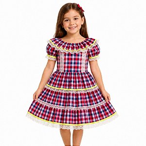 Vestido de Festa Junino Infantil Xadrez Pink Com Renda